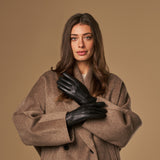 Alessandra (noir) - Gants tactiles en cuir de chèvre et doublure en laine d'agneau