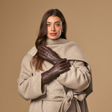 Alessandra (marron) - Gants tactiles en cuir de chèvre et doublure en laine d'agneau