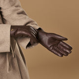 Alessandra (marron) - Gants tactiles en cuir de chèvre et doublure en laine d'agneau