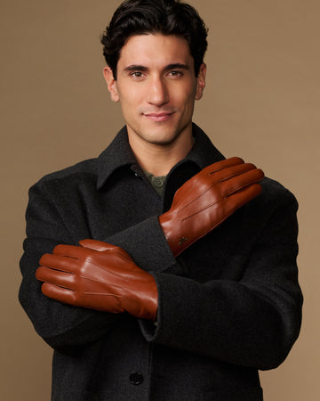 Men's lambskin leather gloves in dark brown with plush fur lining and touchscreen tips