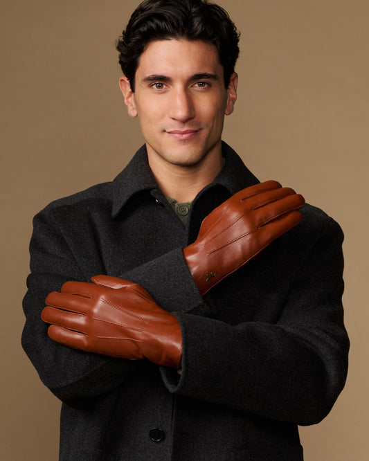 Men's lambskin leather gloves in dark brown with plush fur lining and touchscreen tips