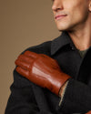 Men's brown leather touchscreen gloves with fur-lined cuffs