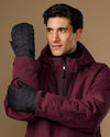 Black quilted mittens with extended cuffs, shown from the front and back.