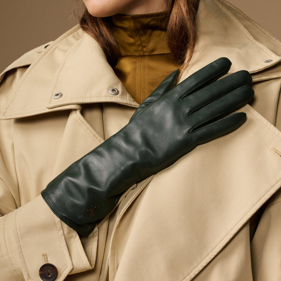 Dark green leather long gloves with smooth finish and hand-covering fingers