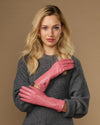 Pink leather gloves with long cuffs, cashmere lining, touchscreen fingertips