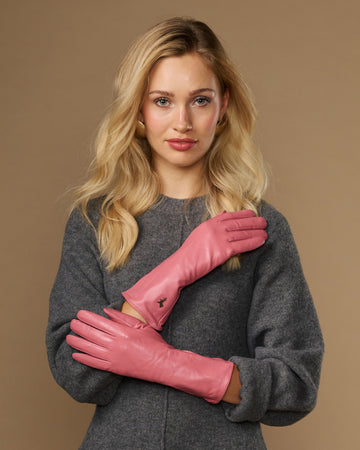Pink leather gloves with long cuffs, cashmere lining, touchscreen fingertips