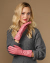 Pink leather gloves with long cuff and textured wrist seam, touchscreen fingertips