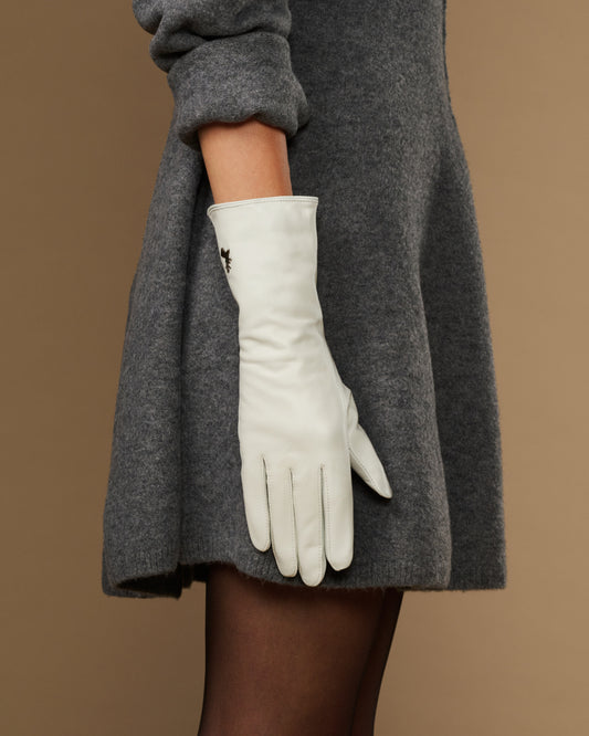 White long leather gloves, full hand view with subtle logo on cuff
