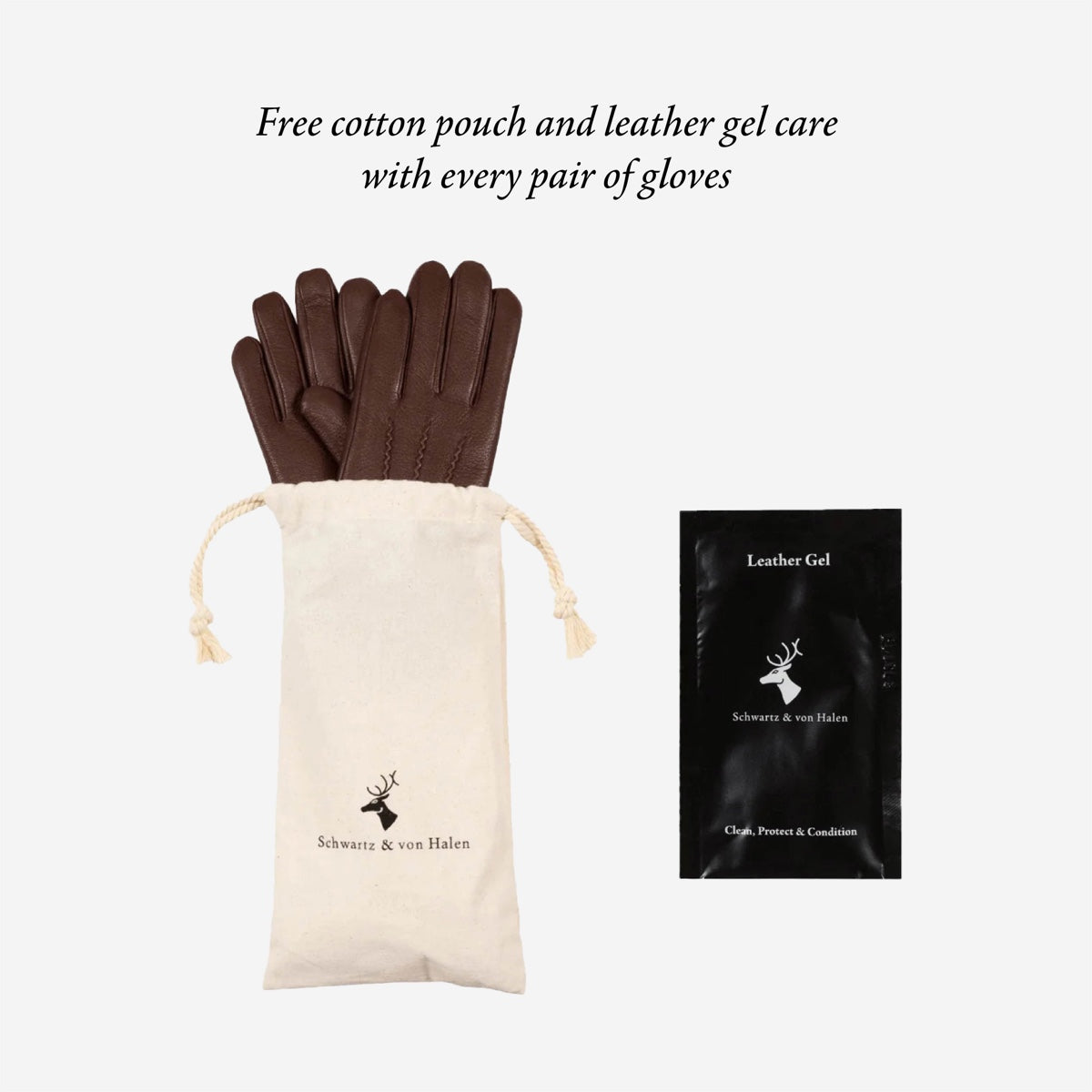Leather glove gift set with cotton pouch and leather gel care packet