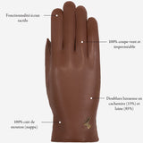 Ivy (cognac) - Gants tactiles en cuir de mouton et doublure en laine/cachemire