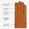 Cognac leather glove palm view with finger seams and stitched cuff