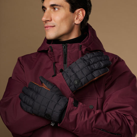 Men's quilted insulated touchscreen gloves, dark gray with brown inner trim