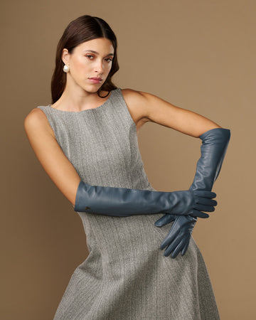 Dark blue elbow-length lambskin leather gloves with smooth lining