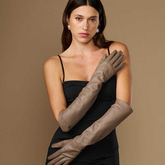 Taupe lambskin elbow-length leather gloves with silk lining
