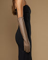 Taupe lambskin elbow-length leather gloves, side view of one glove