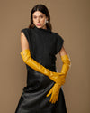 Yellow lambskin leather opera gloves, long fitted style with smooth finish