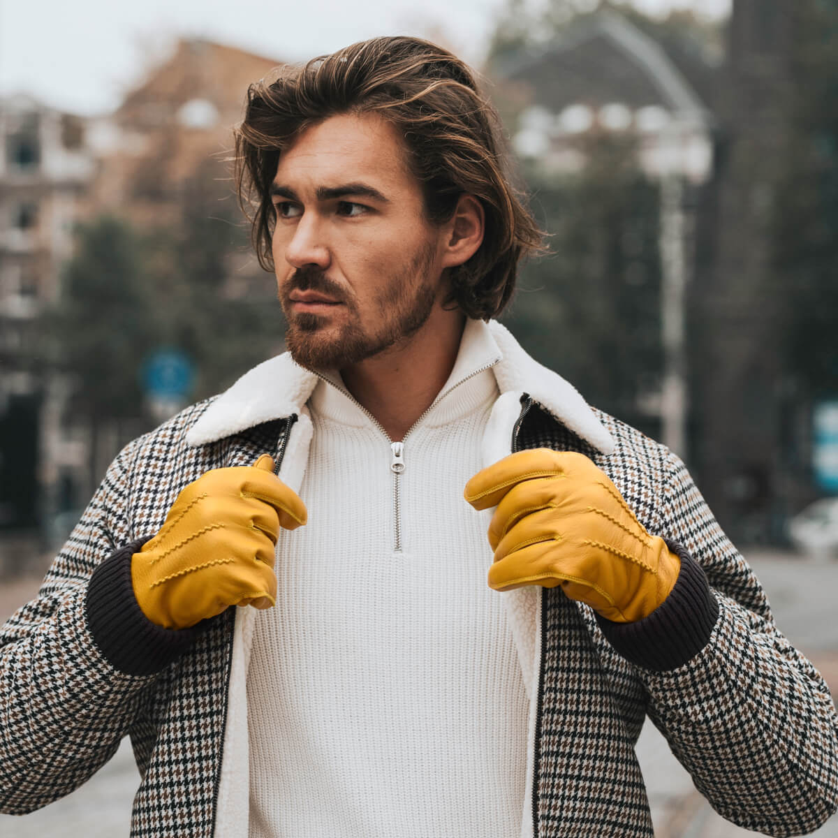 William (yellow) - goatskin leather gloves with warm fleece lining and press-stud  - Schwartz & von Halen - US -  2